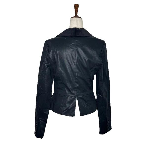 Guess Black Velvet Lapel Faux Leather Look Blazer Womens L Fitted Jacket Stretch - Picture 3 of 8